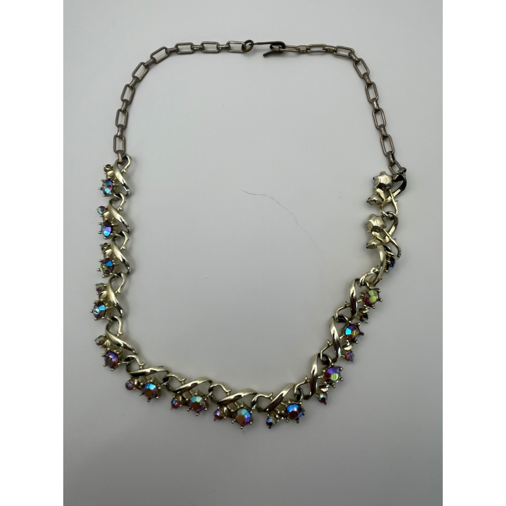 Vintage Star Aurora Borealis Rhinestone Choker Necklace Gold Tone Art Deco Style
